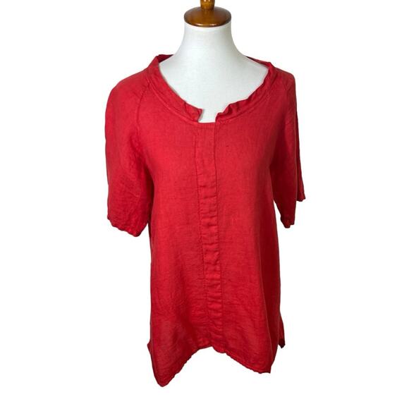 Gigi Moda Red Woven Italian Linen Notch Neck Tunic Blouse Size L - Picture 2 of 6
